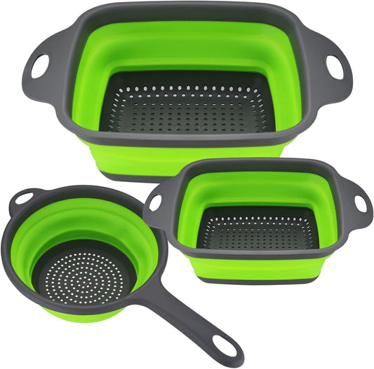 Foldable colander set, 3 pieces silicone folding colander, pasta strainer, silicone filter baskets, kitchen strainer with handle, washing bowl for pasta, fruit, vegetables - gree